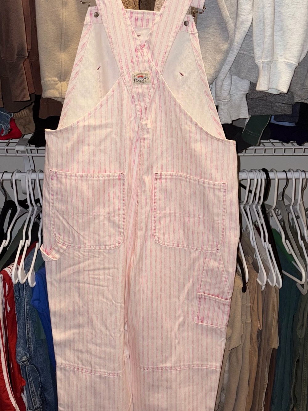 Faherty Topsail pink railroad stripe overalls - Picture 3 of 7
